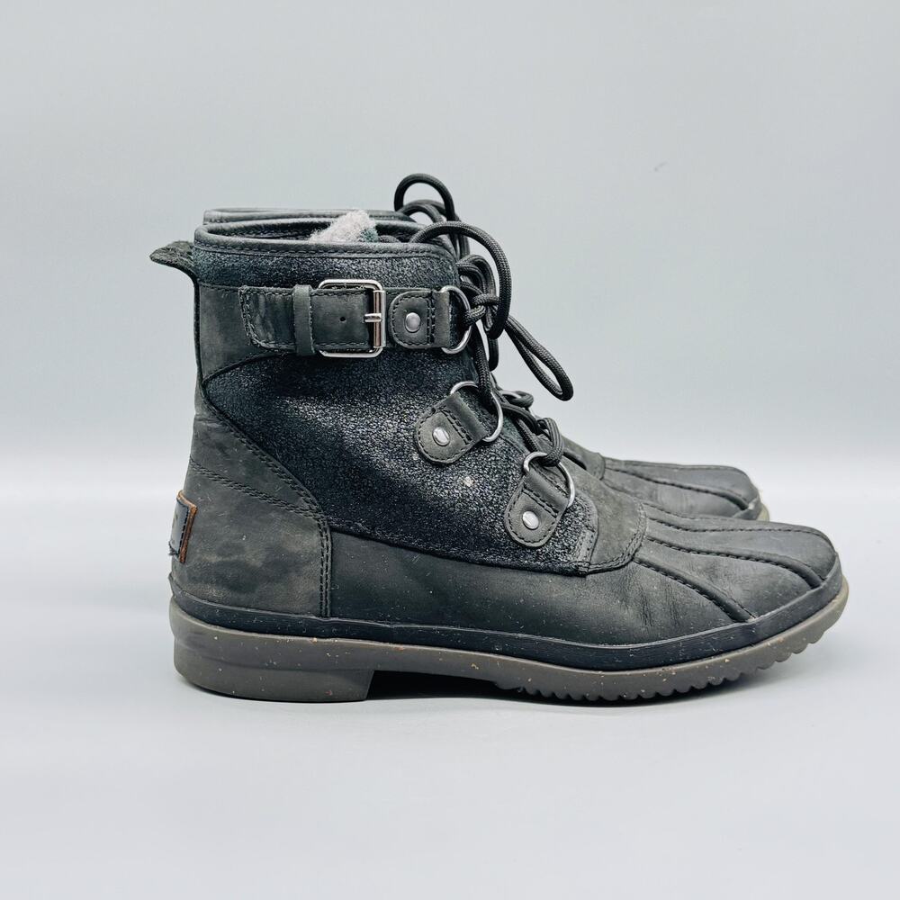 UGG Boots Womens 7 Black Cecile Waterproof Fur Lined Lace Up Ankle Duck Winter